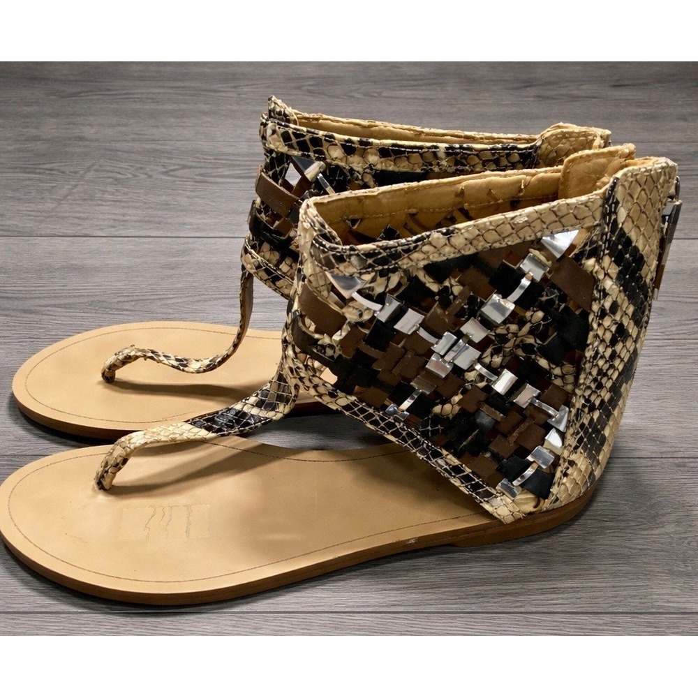 Y2K BCBG Womens Snakeskin Woven Gladiator Thong Sandals Tan Black 7M